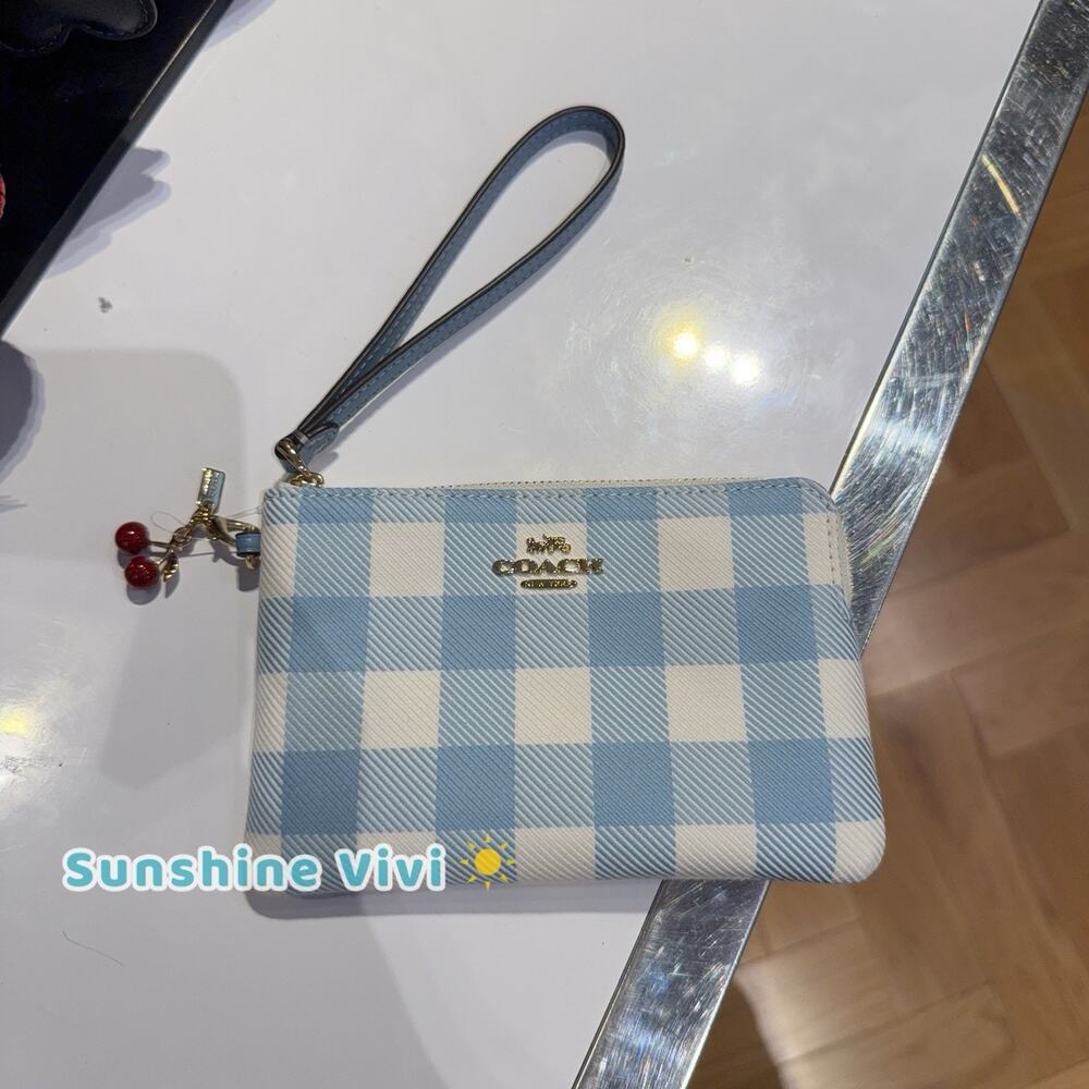 NWT Coach Corner Zip Wristlet With Gingham Print And Charm CEX59 Blue Multi